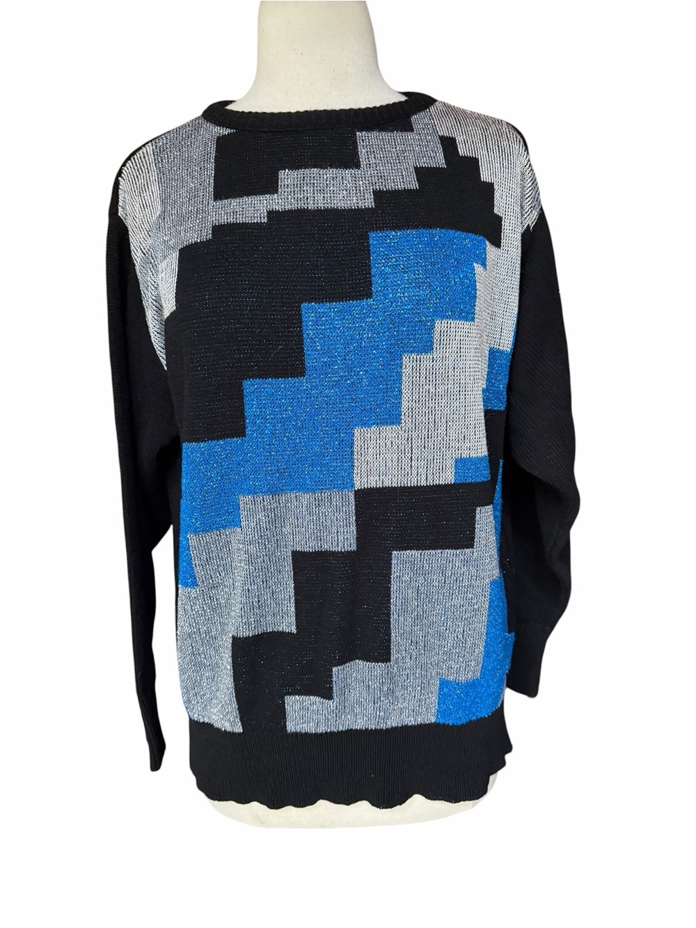 Late 80s Mademoiselle Knitwear Mid-Weight Metallic Lurex Geometric Block Slouchy